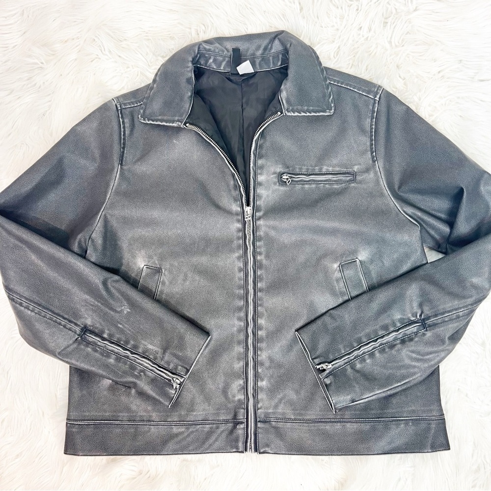 DIVIDED H&M CHARCOAL GRAY FAUX LEATHER FULL ZIP JACKET WOMENS SMALL